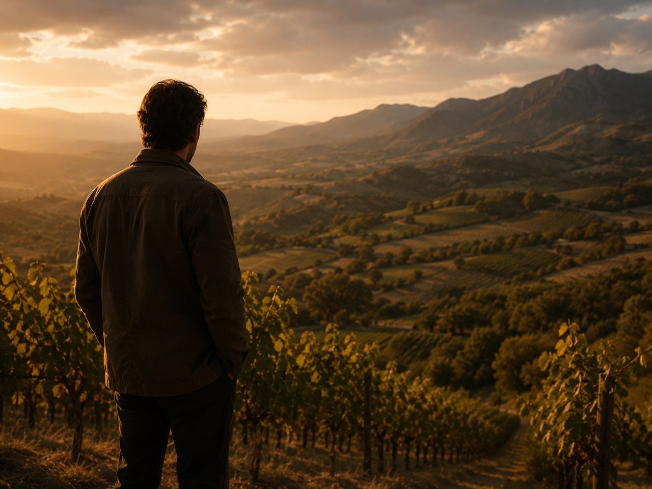 Person standing in a vineyard at golden hour overlooking mountains