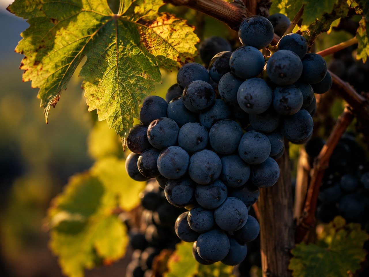 Dark Mavrud-style grapes in a sunlit vineyard