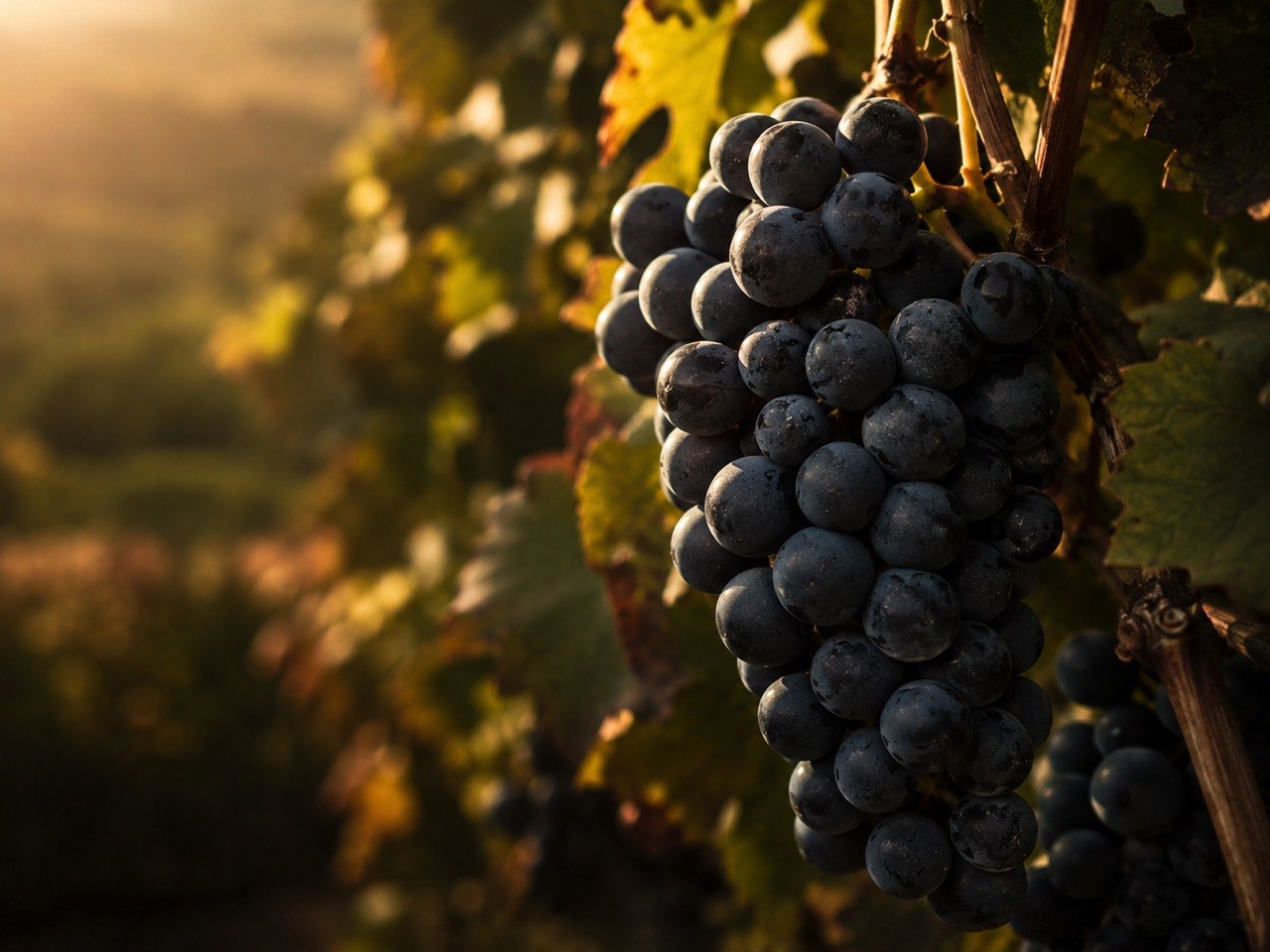 Cluster of dark Vranac-style grapes in vineyard light