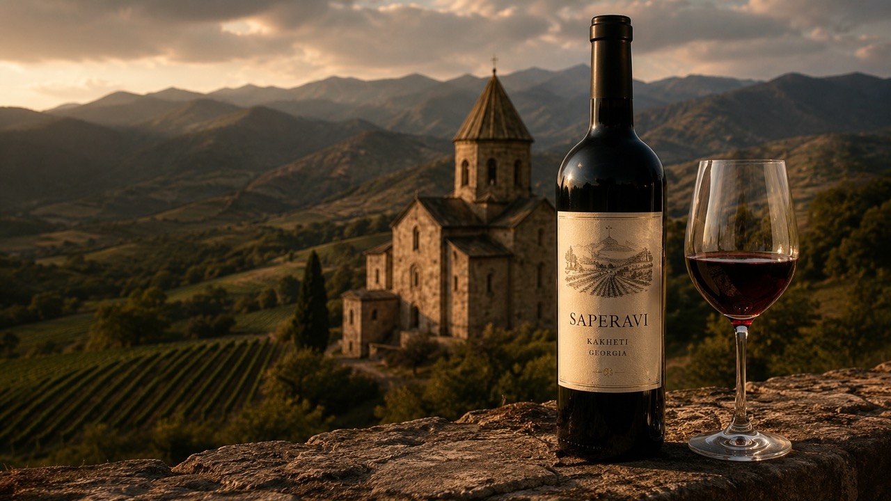 Bottle of Saperavi with wine glass overlooking a monastery and vineyard landscape in Kakheti, Georgia