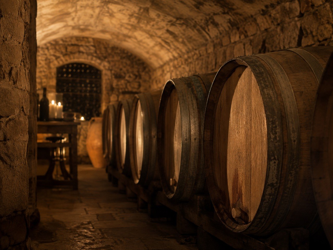 Candlelit wine bar with a glass of red wine